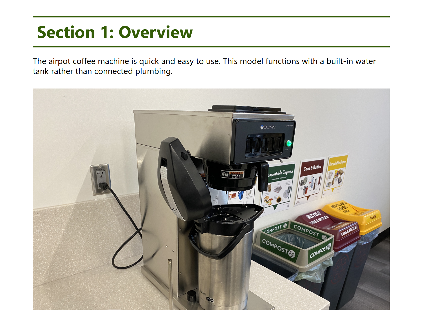 Screenshot of the coffee machine user guide showing the overview section