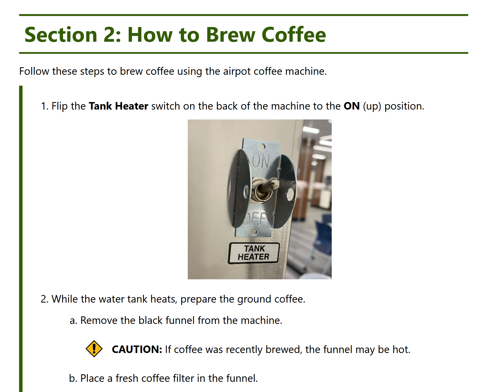 Screenshot of section 2 of the user guide, showing a couple of steps and an embedded image of a switch on the machine