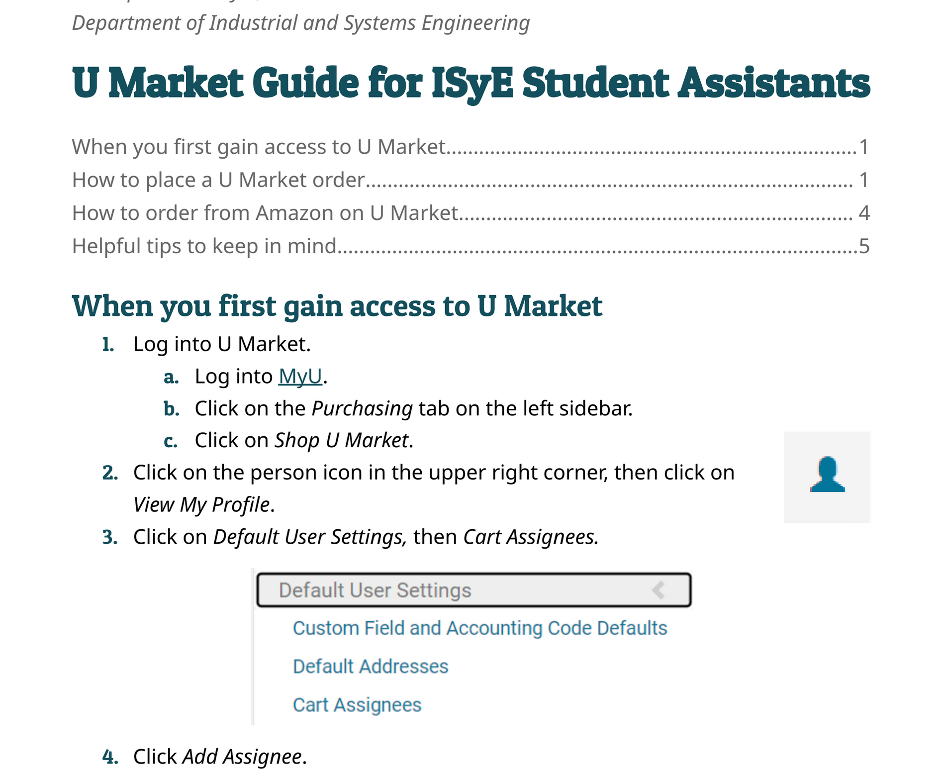Screenshot of the top of the U Market guide and first few steps